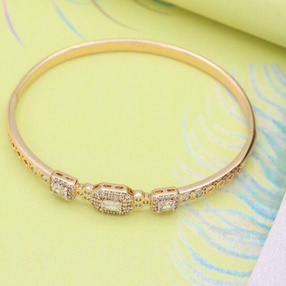 Elegant Rose Gold Bangle with Rectangle and Round Stone Design, XPBL0518 - Picture 2 of 12